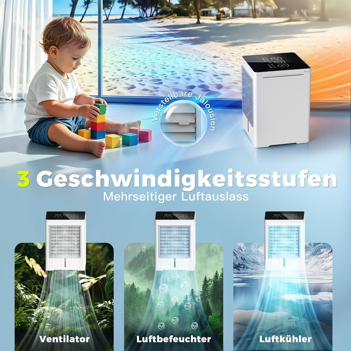  Climatiseur Mobile, 3 En 1 Mini Ventilateur Portable USB Avec Eau, 470ml, 3 Vitesses Et Minuterie, Sans Évacuation, Écran Tactile, Petit Rafraichisseur D'air Pour Chambre, Bureau Et Maison (Blanc)