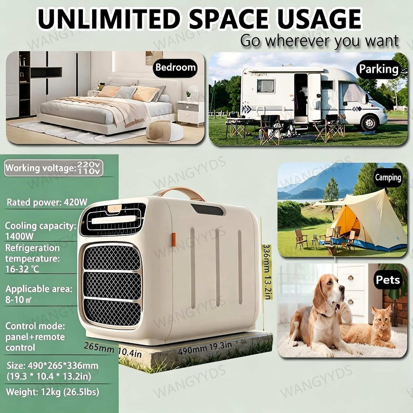  Climatiseur Mobile, Air Conditioner Portable Climatiseur Mobile Sans Evacuation, 3 En 1 Climatiseurs Portables, Minuteries, Adapté Au Camping De Bureau De Chambre à Coucher，4700 BTU，420 W