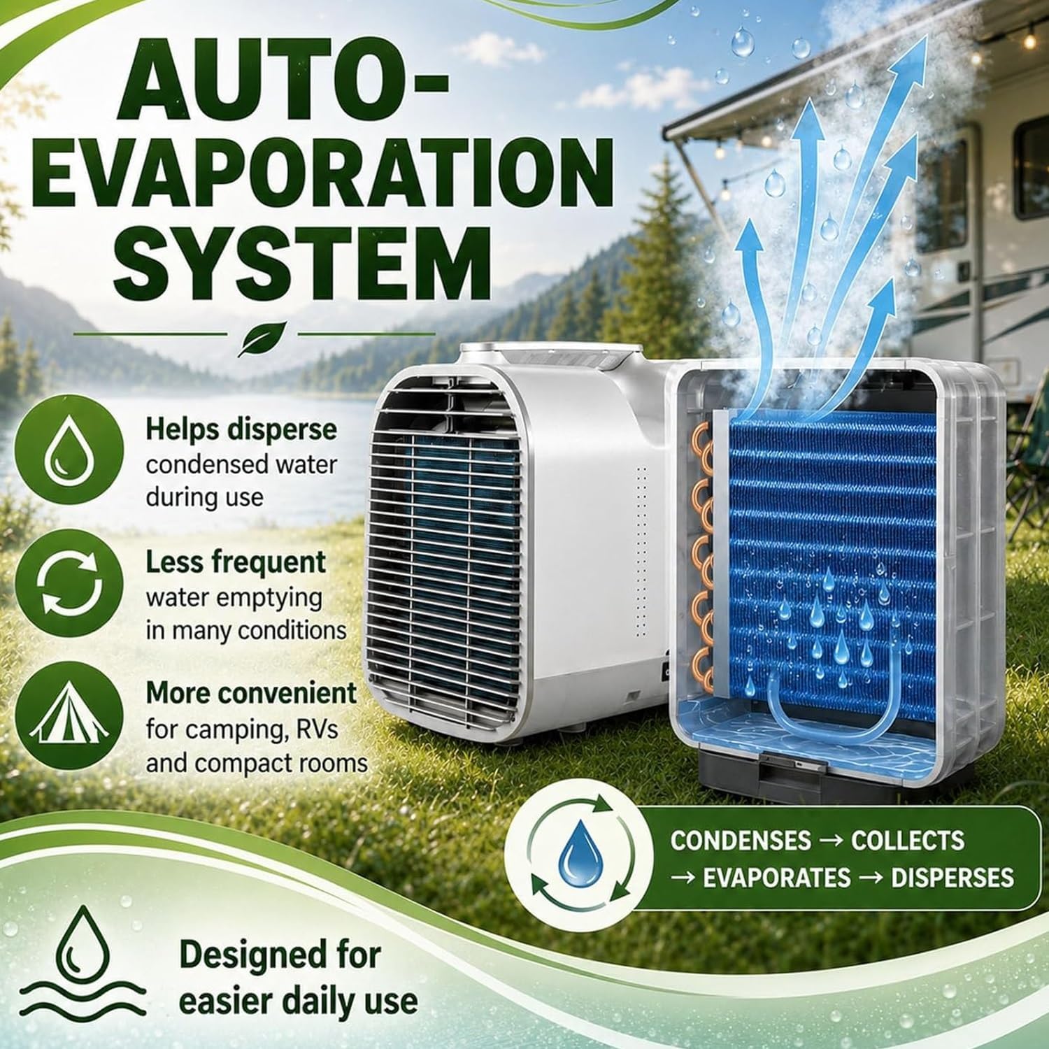  Climatiseur Portable, Climatiseur Mobile For Les Voyages En Camping-car Et Les Petites Pièces, Modes De Sommeil Sec Avec Ventilateur Frais 4 En 1, Facile à Transporter(1500W)