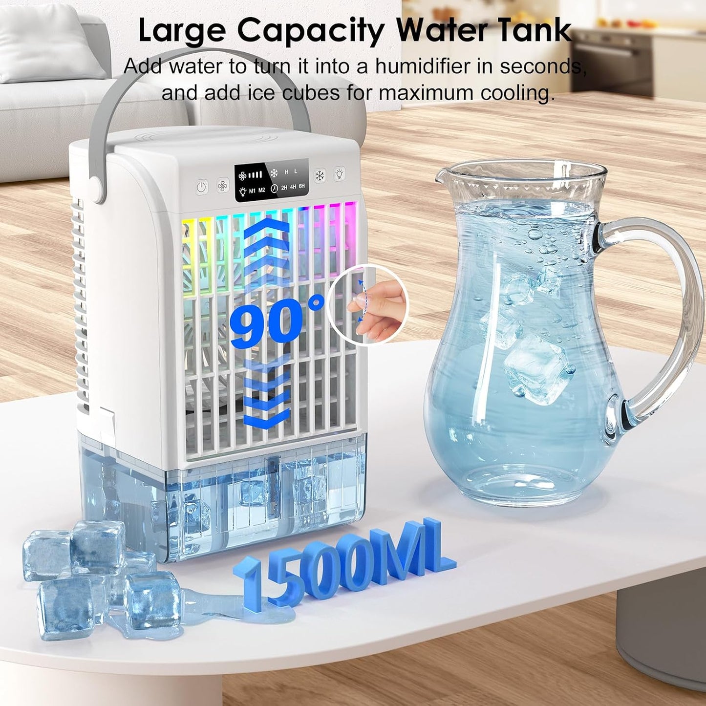  Climatiseur Portable, 1500 Ml, 4 Vitesses De Vent Et 2 Modes De Pulvérisation, Ventilateur De Refroidissement Personnel Avec Minuterie De 2 à 6 Heures Et Veilleuse 7 Couleurs, Convient Pour La Maison