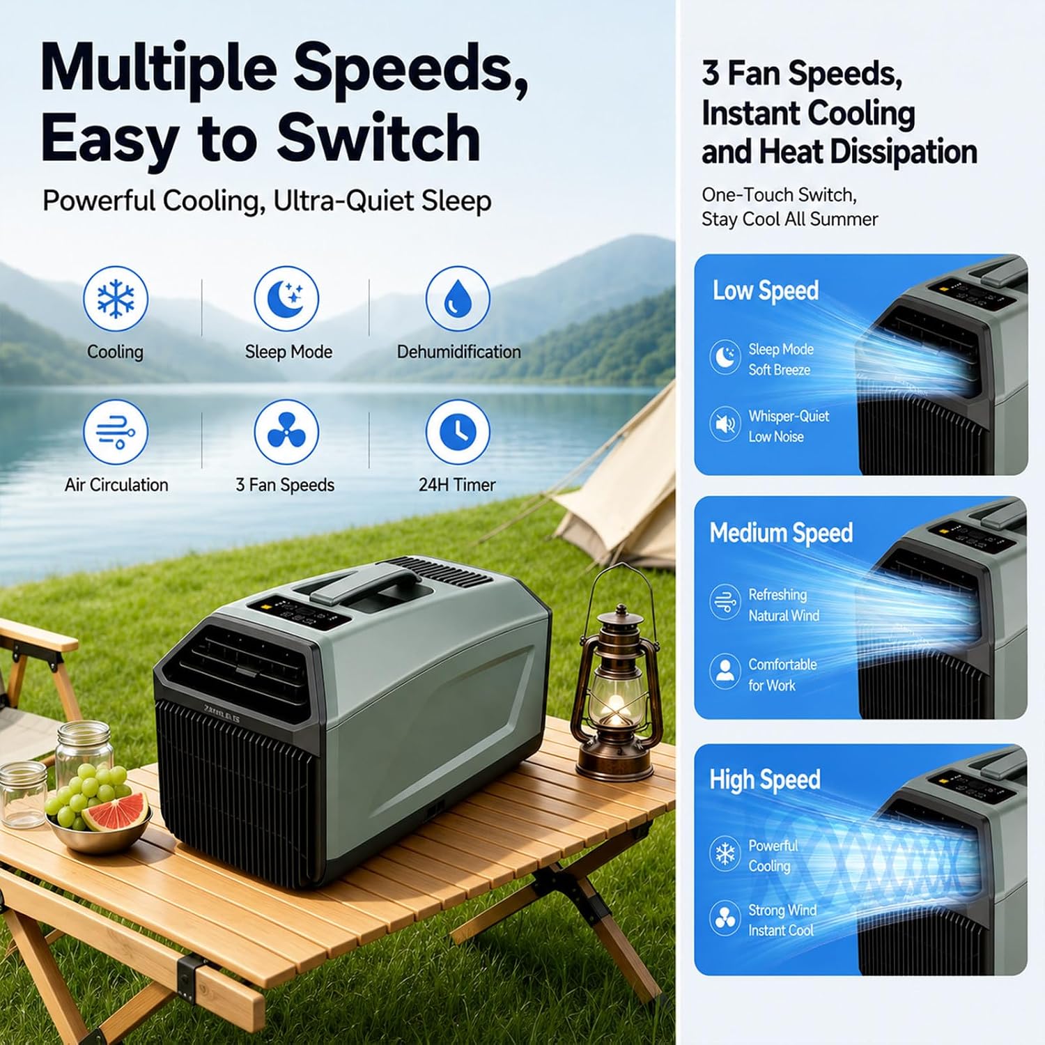  Climatiseur Portable De Camping 5100Btu,sans évacuation Requise,Silencieux,Minuterie 24H,3 Vitesses,10 M² / 108 Pi², Pour Tentes,Chambres,Camping-Cars Autres Espaces Extérieurs 220VAC
