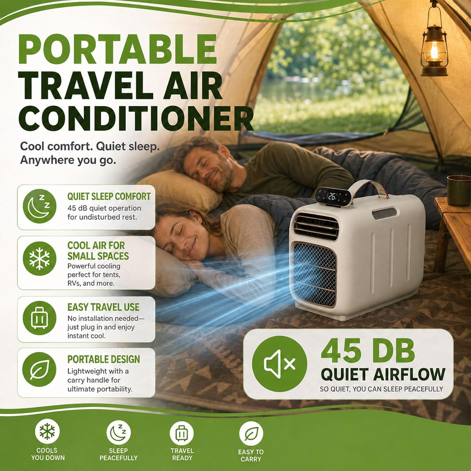  Climatiseur Portable, 4700 BTU Refroidissement Et Chauffage, 45dB Unité De Climatisation Tranquille Pour Campeur De Tente, Conception Auto-évaporée Avec Télécommande, Refroidisseur De Voyage Compact P