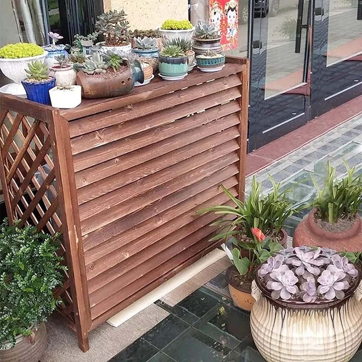 GENERIC Housse En Bois Marron Pour Climatiseur Avec Persiennes - Conteneur à Condensateur Caché Pour L'extérieur - Facile à Installer - Résistant Aux Intempéries