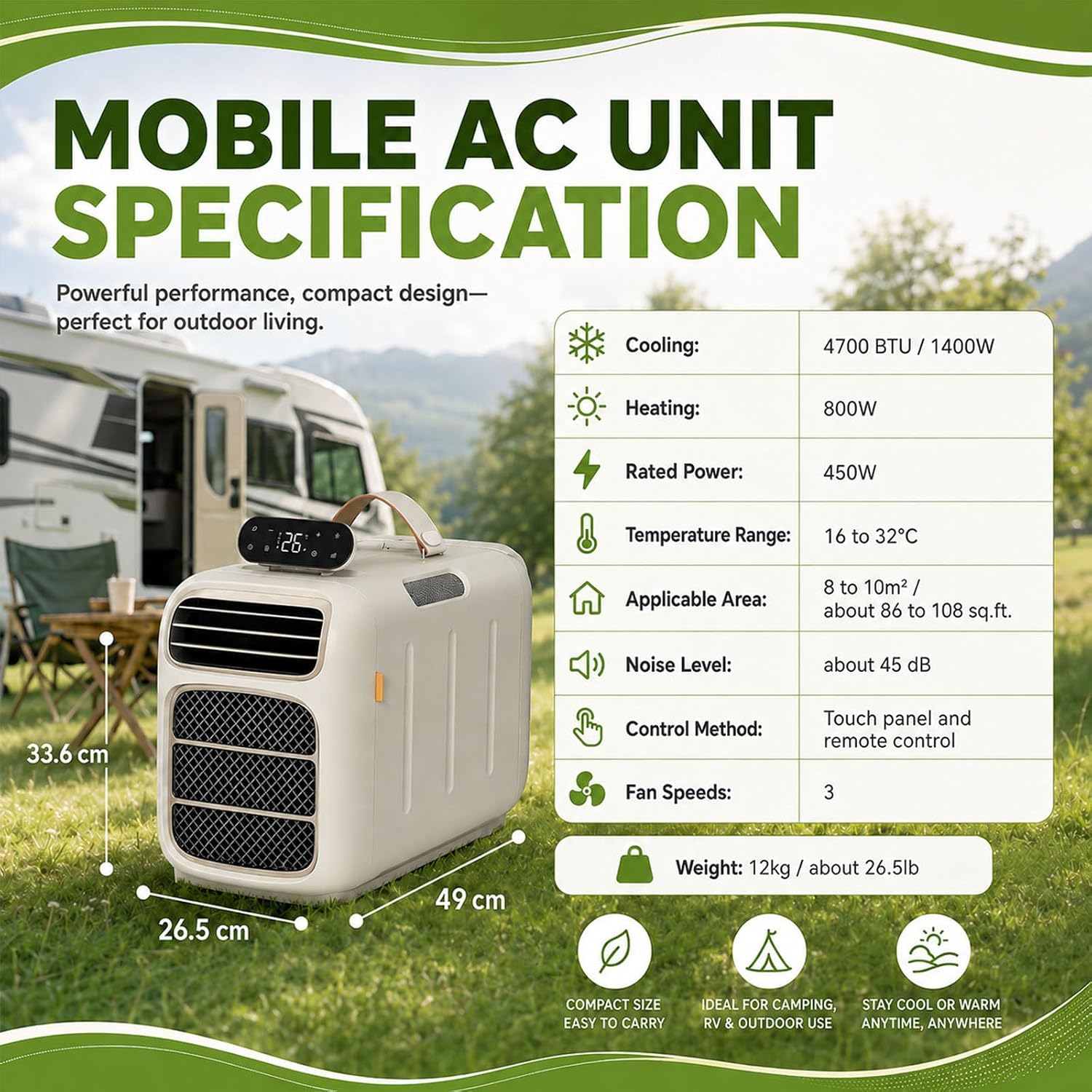  Climatiseur Portable, 4700 BTU Refroidissement Et Chauffage, 45dB Unité De Climatisation Tranquille Pour Campeur De Tente, Conception Auto-évaporée Avec Télécommande, Refroidisseur De Voyage Compact P
