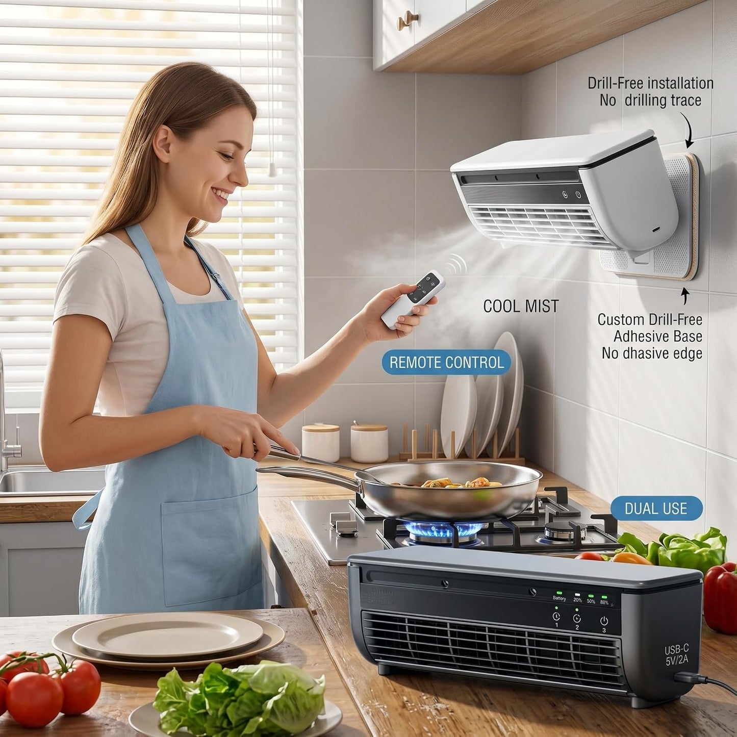  Ventilateur De Brume De Refroidissement 2 Pièces, Climatiseur Portable Mural Avec Installation Sans Perçage, Batterie 6000 Mah, 3 Vitesses Et Télécommande, Blanc/gris, Ventilateur Climatiseur, Bru
