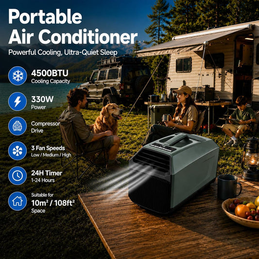  Climatiseur Portable De Camping 5100Btu,sans évacuation Requise,Silencieux,Minuterie 24H,3 Vitesses,10 M² / 108 Pi², Pour Tentes,Chambres,Camping-Cars Autres Espaces Extérieurs 220VAC
