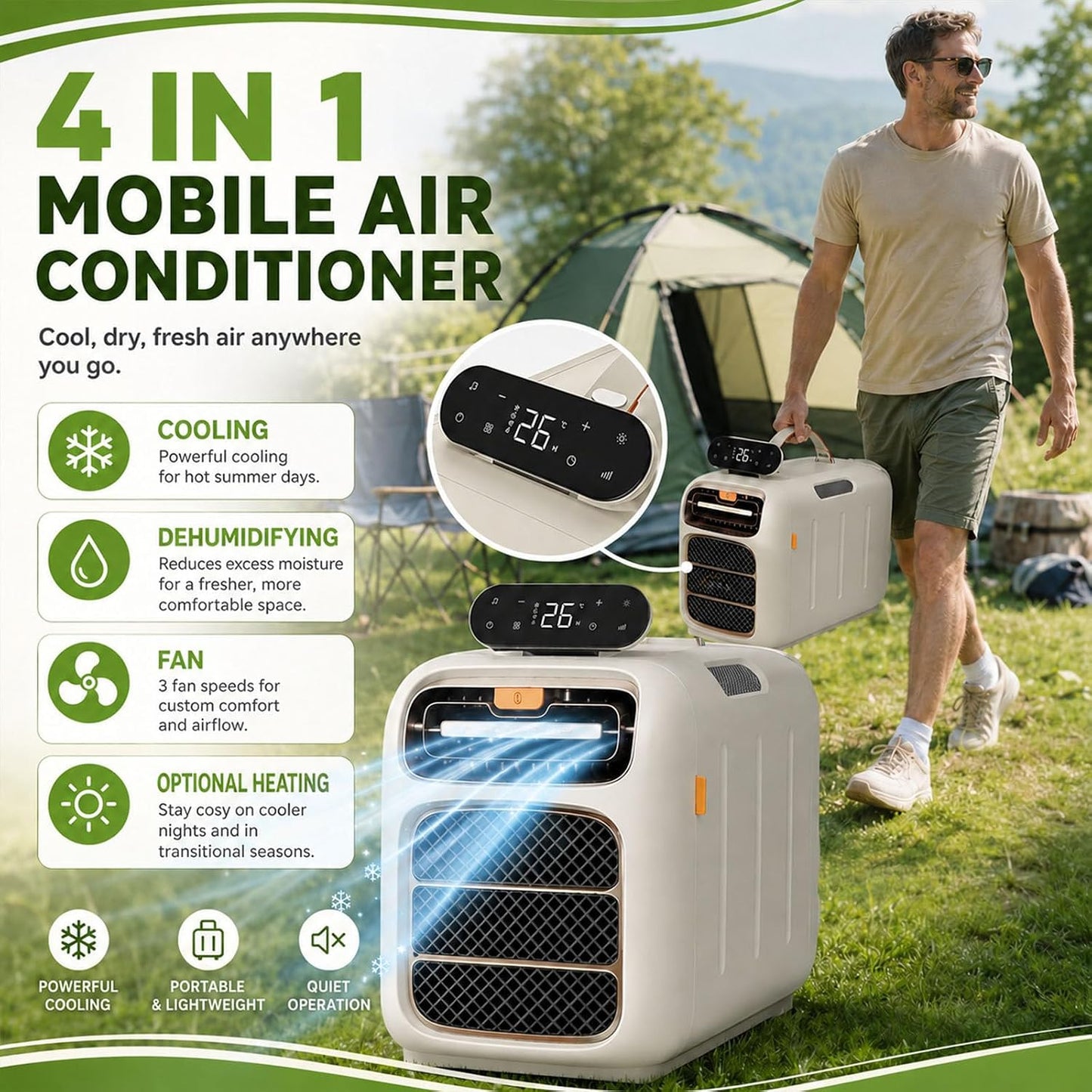  Climatiseur Mobile,Climatiseur Portable,Puissance De Refroidissement De 4700 Btu Et 450 W,Unité De Climatisation De Camping Avec Télécommande Et 3 Vitesses De Ventilation Cooling