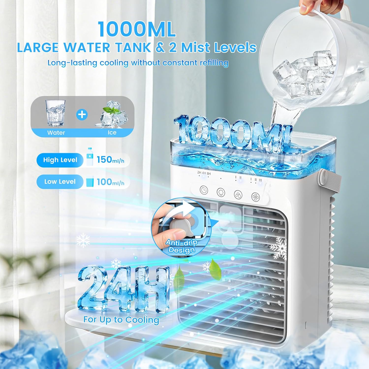  Climatiseur Mobile 4 En 1, Mini Climatiseur Portable Sans Évacuation, Ventilateur Climatiseur USB, 3 Vitesses, 2 Modes Brumisation, Réservoir 1000ML, Minuterie 2/4/8H, Silencieux Pour Chambre Voiture