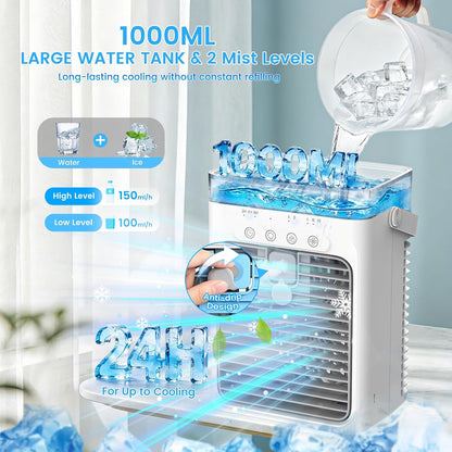  Climatiseur Mobile 4 En 1, Mini Climatiseur Portable Sans Évacuation, Ventilateur Climatiseur USB, 3 Vitesses, 2 Modes Brumisation, Réservoir 1000ML, Minuterie 2/4/8H, Silencieux Pour Chambre Voiture